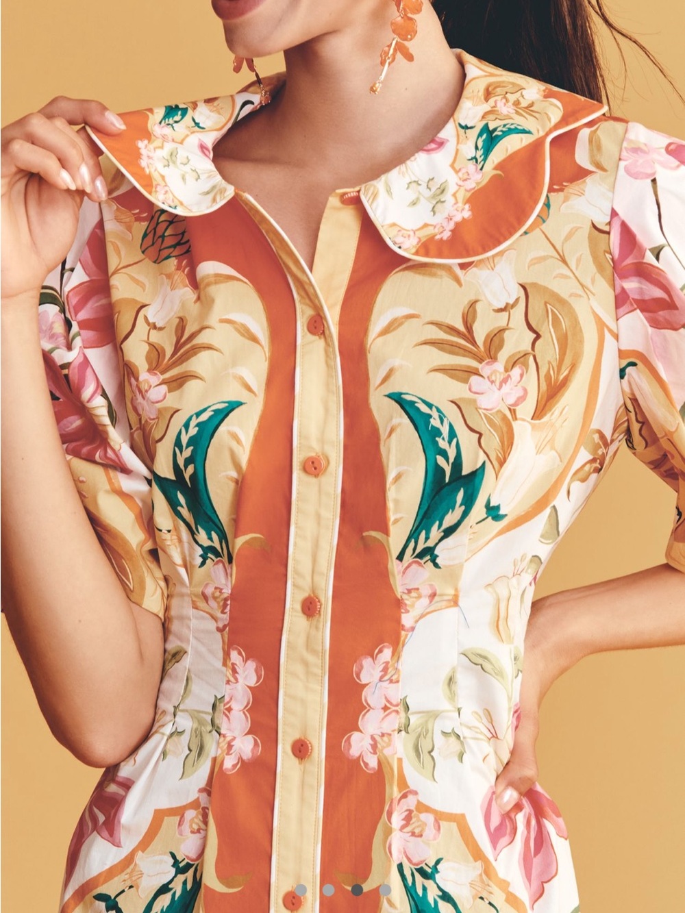 NWT Farm Rio Anthropologie Coral and Cream Floral Button-Front Mini Dress - Picture 4 of 7